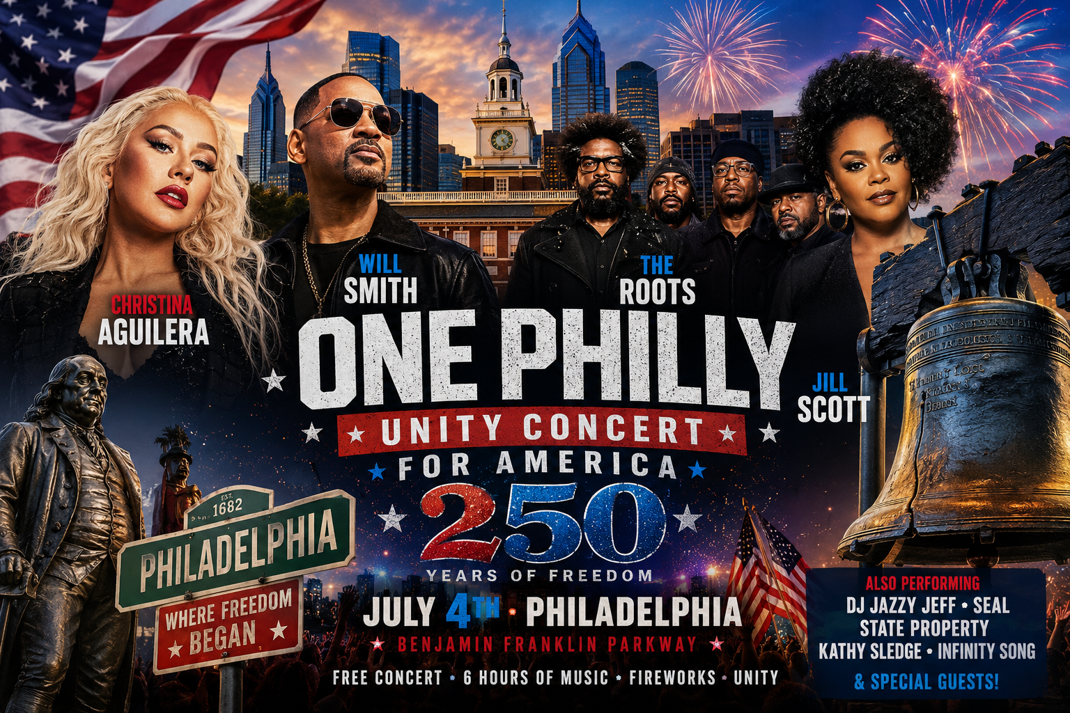 Christina Aguilera, Will Smith, The Roots & Jill Scott Headline Massive Philadelphia Concert for America’s 250th Anniversary